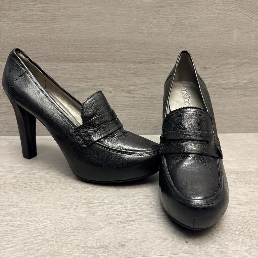 me Too Platform Penny Loafer Pumps Black Leather Office Siren Mod Y2K Heel 9.5M